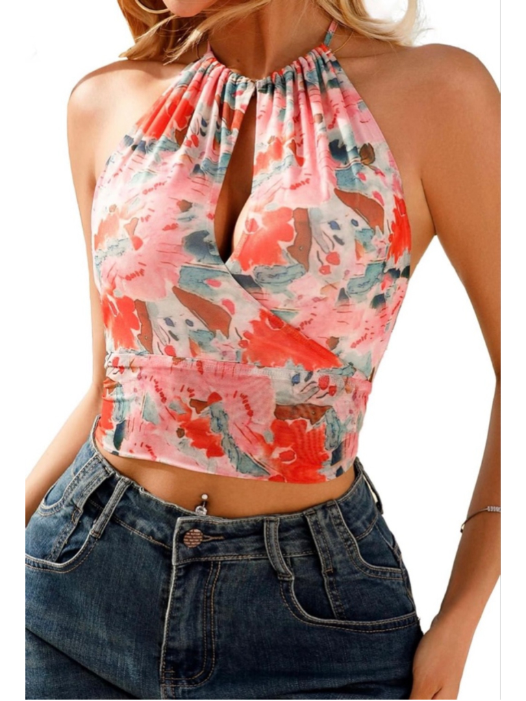 New Halter V Neck Print Sleeveless Tie Back Mesh Backless Crop Top S